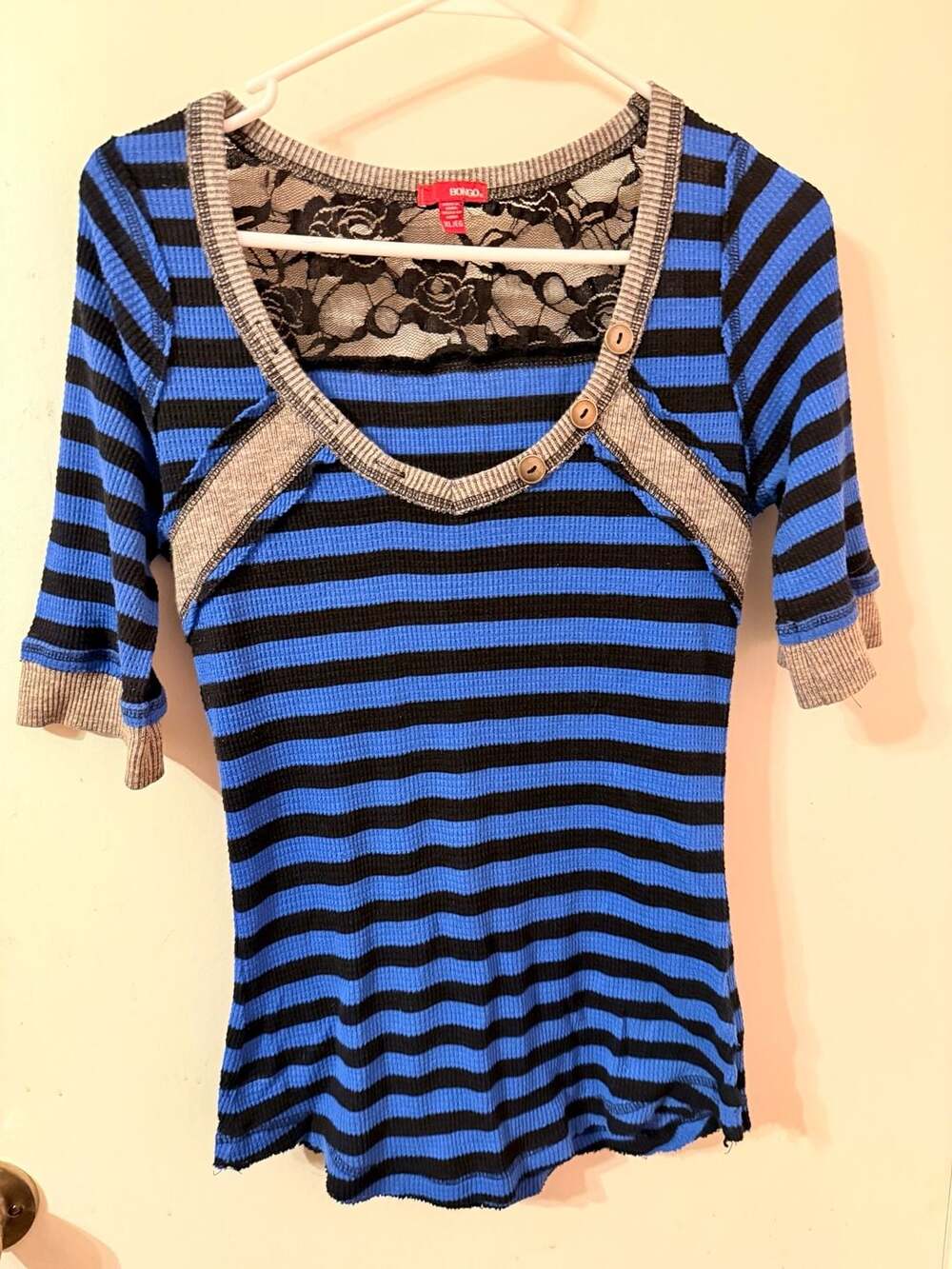 Bongo Blue and Black Striped Waffle Knit Top with Lace Trim and Buttons